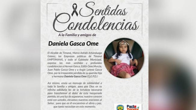 Mensaje de condolencias de la Alcaldía de Timaná.