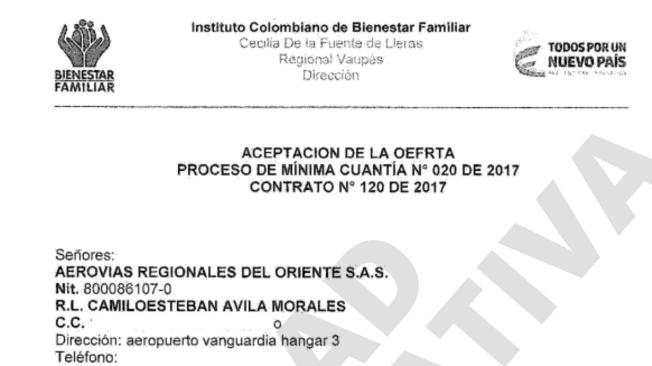 Este es uno de los contratos del ICBF en el que aparece firmando Camilo Esteban Ávila Morales, como representante legal de Aerovías Regionales del Oriente