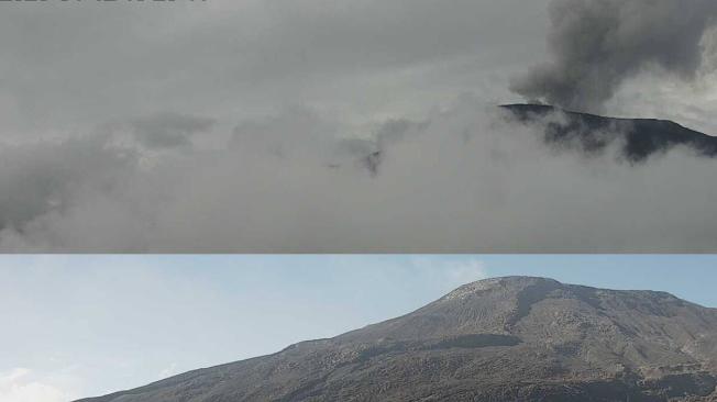 Vista del volcán Nevado del Ruiz desde el cañón de Azufrado con condiciones climáticas cambiantes durante una misma semana.