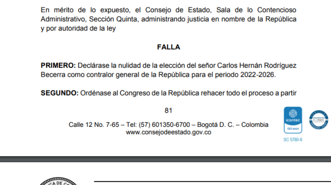 Consejo de Estado anula elección del contralor Carlos Rodríguez.