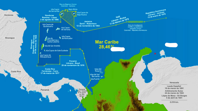 En el mapa se indica el curso del perímetro marítimo que estableció la Corte en el fallo de 2012.