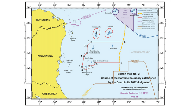 Así se tendría que dividir el espacio marítimo entre Colombia y Nicaragua según el fallo de 2012.
