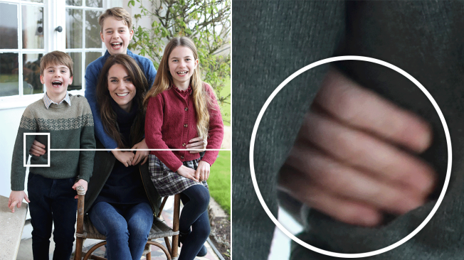 La mano derecha de Kate está borrosa en comparación con el suéter de Louis.