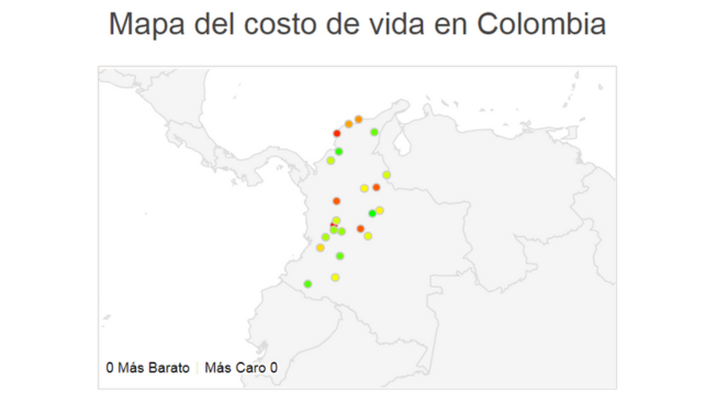 El mapa de Expatistan muestra en rojo las ciudades más costosas para vivir en Colombia, entre las que está Bogotá, Medellín, Cartagena de Indias, Bucaramanga Pereira y Cali.