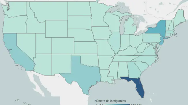 Principales estados de residencia de los inmigrantes colombianos en los Estados Unidos, 2017-21