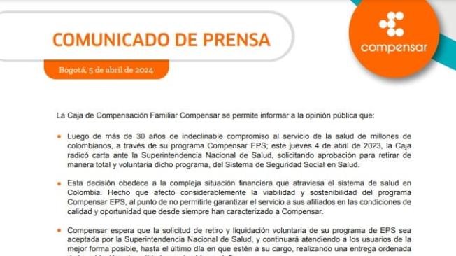 Comunicado de Compensar señalando que solicita su liquidación voluntaria a la Superintendencia de Salud.