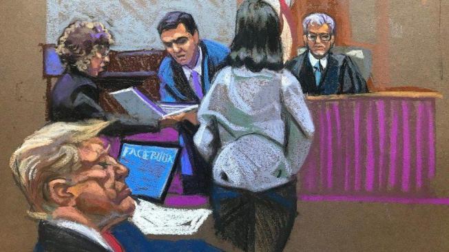 El boceto de la sala del tribunal muestra al expresidente Donald Trump sentado mientras se interroga a potenciales miembros del jurado.