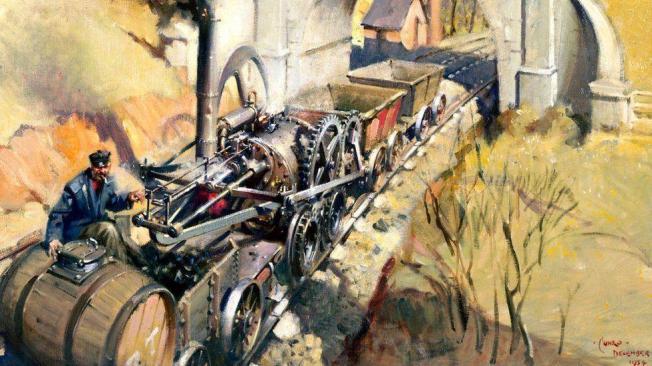 La primera locomotora desarrollada por el británico Richard Trevithick no se parece mucho a las que utilizamos hoy.