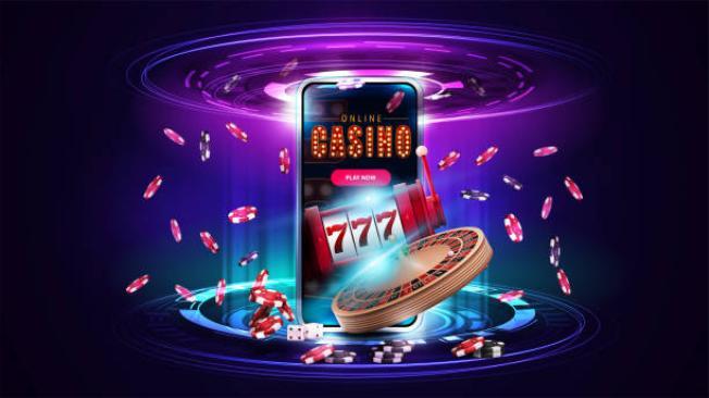 Online casino, banner with smartphone, Casino Roulette wheel, slot machine, poker chips and hologram of digital rings in pink and blue scen