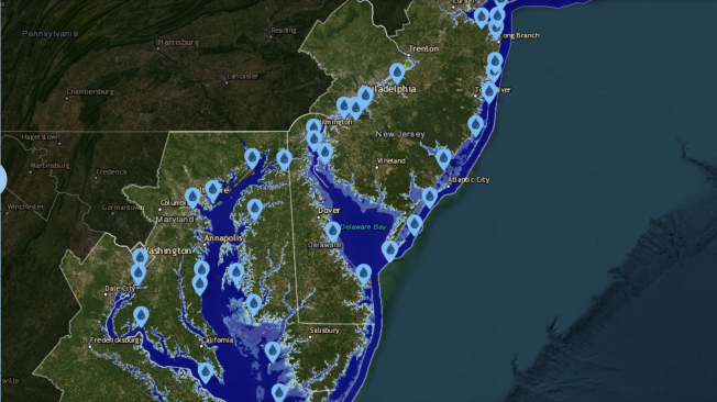 El mapa muestra las zonas de Nueva Jersey que sufrirían las consecuencias más graves en los próximos 100 años.