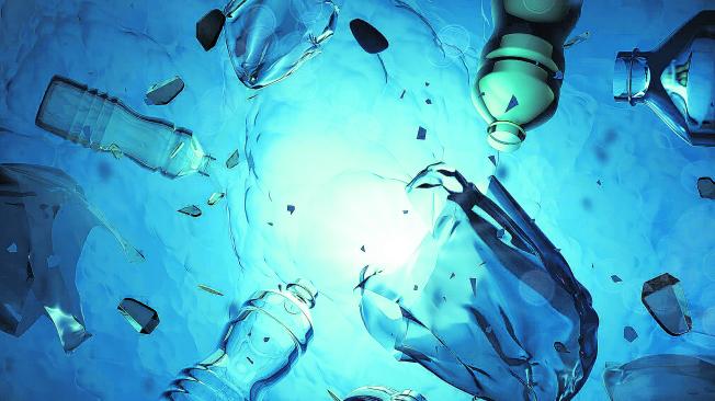 Plastic human waste including plastics bags floating in the open ocean. Water pollution 3D illustration.