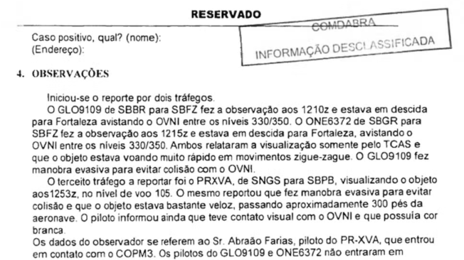 informe de la FAB en los Archivos Nacionales muestra el informe de observación OVNI.