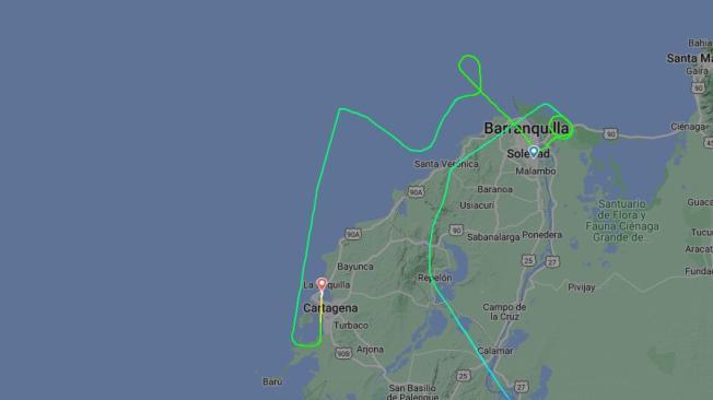 Trayecto del vuelo que intentó aterrizar en Barranquilla, según la plataforma Flightradar24.