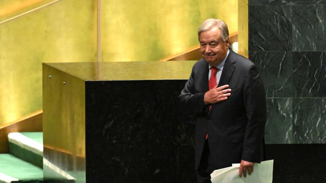 United Nations Secretary-General Antonio Guterres departs after speaking to the 79th Session of the United Nations General Assembly at the United Nations headquarters in New York City on September 24, 2024. (Photo by TIMOTHY A. CLARY / AFP)