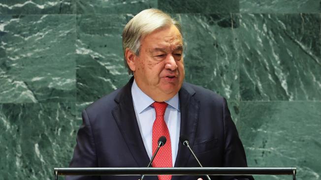  António Guterres, Secretary-General of the United Nations, speaks during the United Nations General Assembly (UNGA) at the United Nations headquarters on September 24, 2024 in New York City. World leaders convened for the 79th Session of the United Nations General Assembly as the world continues to experience major wars in Gaza, Ukraine and, Sudan along with a larger threat of conflict in the wider Middle East.   Michael M. Santiago/Getty Images/AFP (Photo by Michael M. Santiago / GETTY IMAGES NORTH AMERICA / Getty Images via AFP)