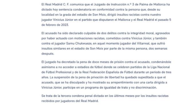 Comunicado del Real Madrid