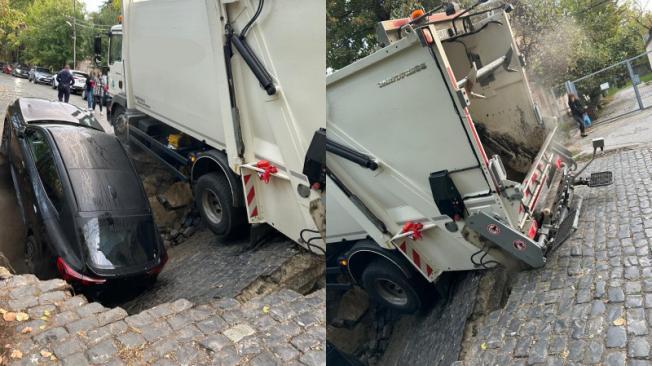 Junto al automóvil había un vehículo recolector de basura.