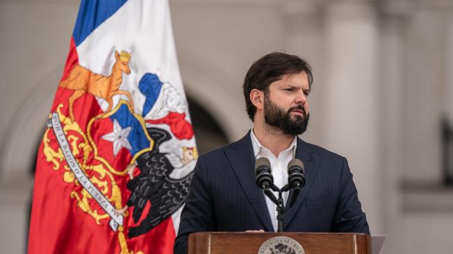 El presidente de Chile, Gabriel Boric, durante una rueda de prensa en el palacio de La Moneda, en Santiago.