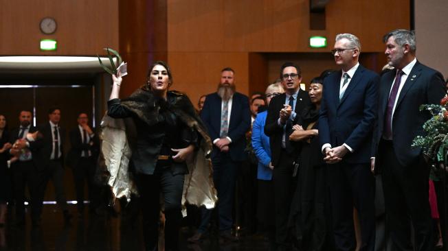 La senadora traliana Lidia Thorpe (L) interrumpe los procedimientos mientras el rey Carlos III y la reina Camilla de Gran Bretaña asisten a una recepción parlamentaria ofrecida por el primer ministro australiano Anthony Albanese y su socio Jodie Jaydon en la Casa del Parlamento en Canberra, Australia, el 21 de octubre de 2024.