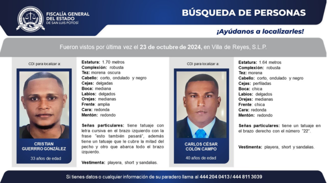 Boletín de búsqueda de Cristian Guerrero González y Carlos César Colón Campo, por la Fiscalía de San Luis Potosí