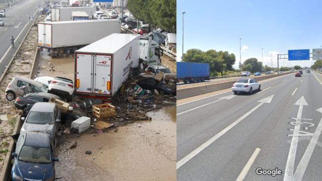 Vista general de la autopista V-31 anegada en Sedaví (Valencia) tras las inundaciones. Junto a ella una fotografía general de la autopista.