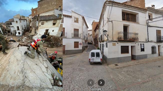 La UME trabaja en Letur, Albacete, una de las zonas más devastadas por la DANA / Al lado, se observa la C. Moreras, en Letur, Castilla-La Mancha.