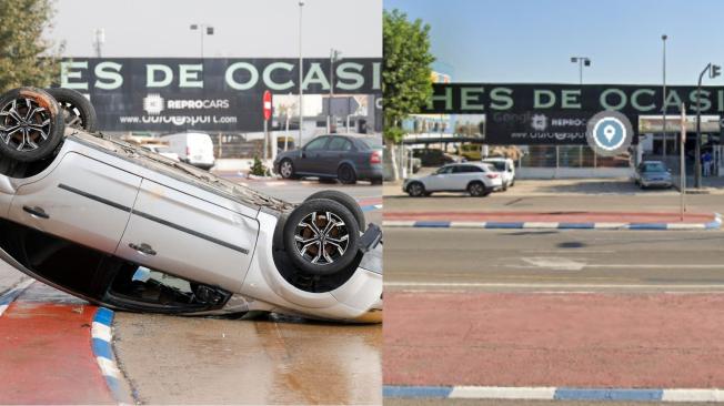 Detalle de un coche volcado en el polígono industrial de Sedaví anegado a causa de las lluvias torrenciales de las últimas horas.