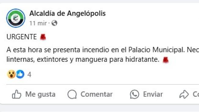 Este es el mensaje de ayuda publicado por la Alcaldía de Angelópolis.