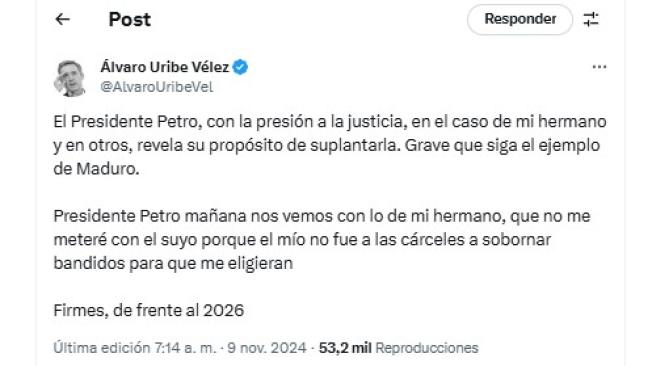 Mensaje de Álvaro Uribe al presidente Petro.