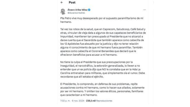 Otro mensaje de Álvaro Uribe al presidente Petro.