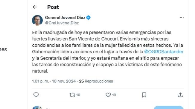 Mensaje del gobernador de Santander por emergencia en San Vicente de Chucurí.