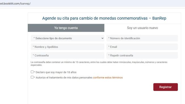 Página en la que se agenda cita para comprar la moneda conmemorativa del Banco del República.