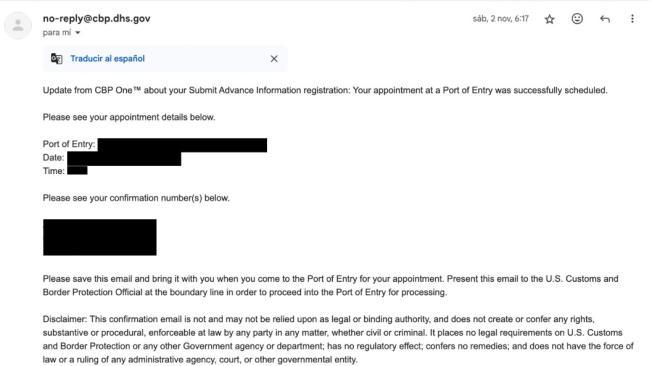 El correo de CBP de confirmación de cita en Puerto de Entrada.