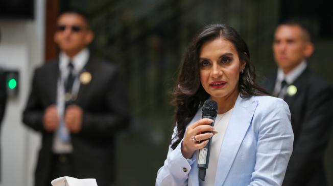 Fotografía de archivo fechada el 28 de noviembre de 2023 de la vicepresidenta de Ecuador, Verónica Abad, hablando durante una rueda de prensa en Quito (Ecuador). La vicepresidenta y embajadora de Ecuador en Israel, Verónica Abad, quien fue suspendida de su cargo por medio de un sumario administrativo abierto por el Ministerio de Trabajo, retorna este miércoles a su país, confirmó a EFE una fuente cercana a la segunda mandataria. EFE/José Jácome/ARCHIVO