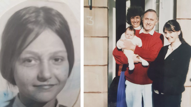 Eileen cuando tenía 12 años y junto a sus padres e hija cuando tenía 32 años.