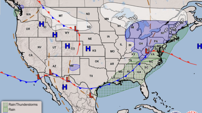 El mapa de NOAA para el jueves 28 de noviembre muestra una mayor probabilidad de caída de nieve para el norte del país, principalmente para Montana, Minnesota y Wisconsin.