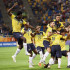 La celebración de los jugadores de la selección de Ecuador, tras la anotación del gol que le dio la victoria sobre Italia.