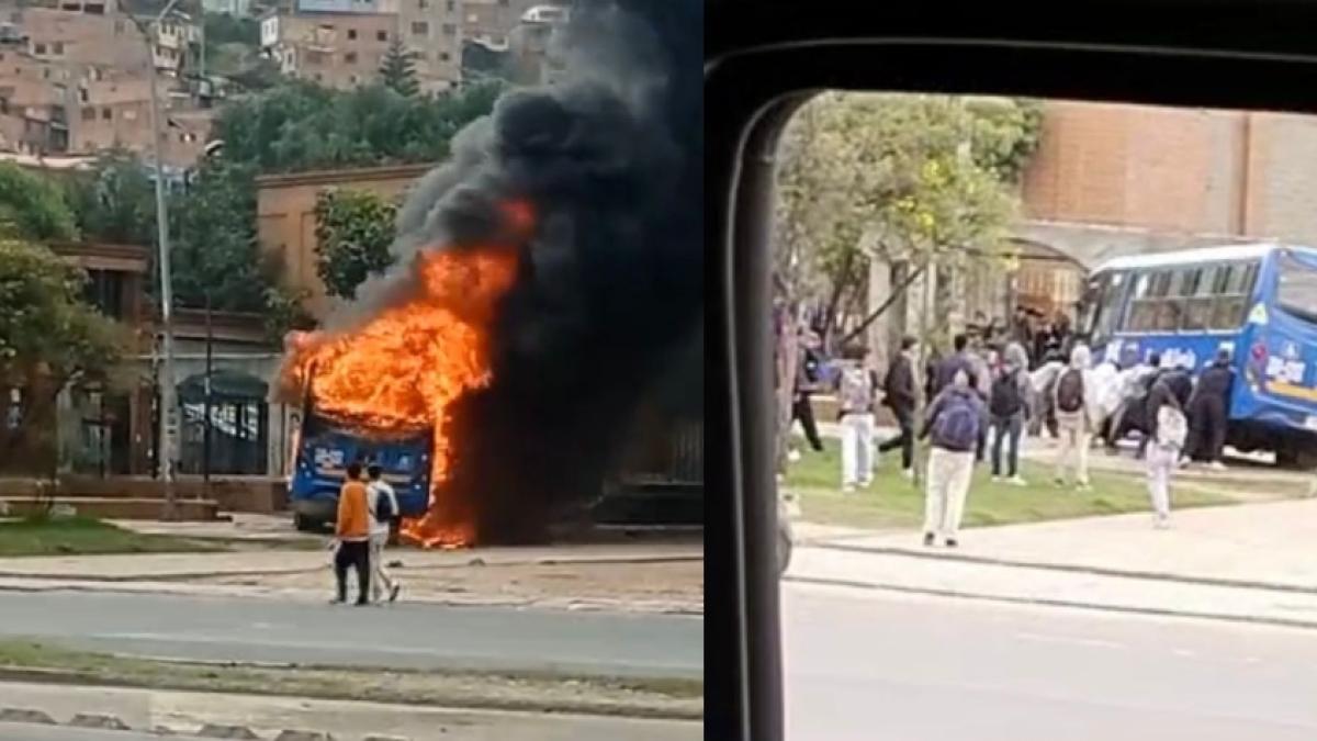 En videos: encapuchados vandalizan e incendian bus del Sitp frente a Universidad Distrital en Bogotá