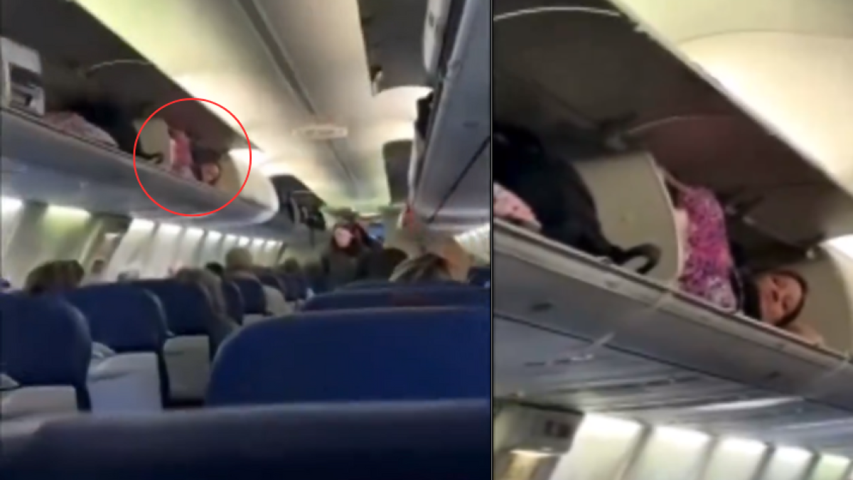 Video | Mujer fue sorprendida en el compartimiento superior de un avión; quería tomar una siesta