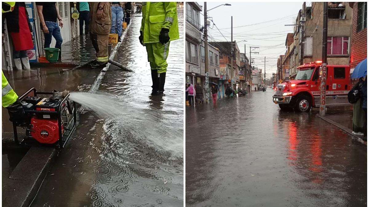 Bomberos de Bogotá realizan labores de desinundación con motobombas tras fuertes lluvias en Engativá 