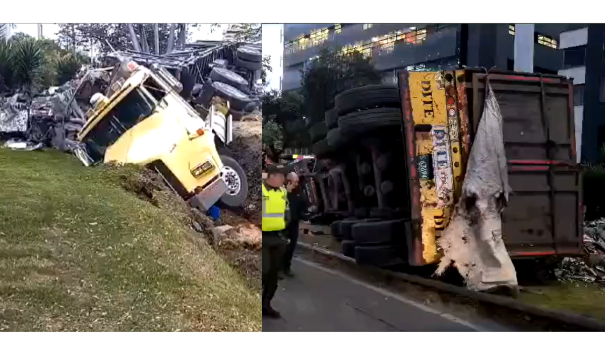 En video| Tractocamión se volcó sobre la Autopista Norte de Bogotá: hay cierre de la calzada 