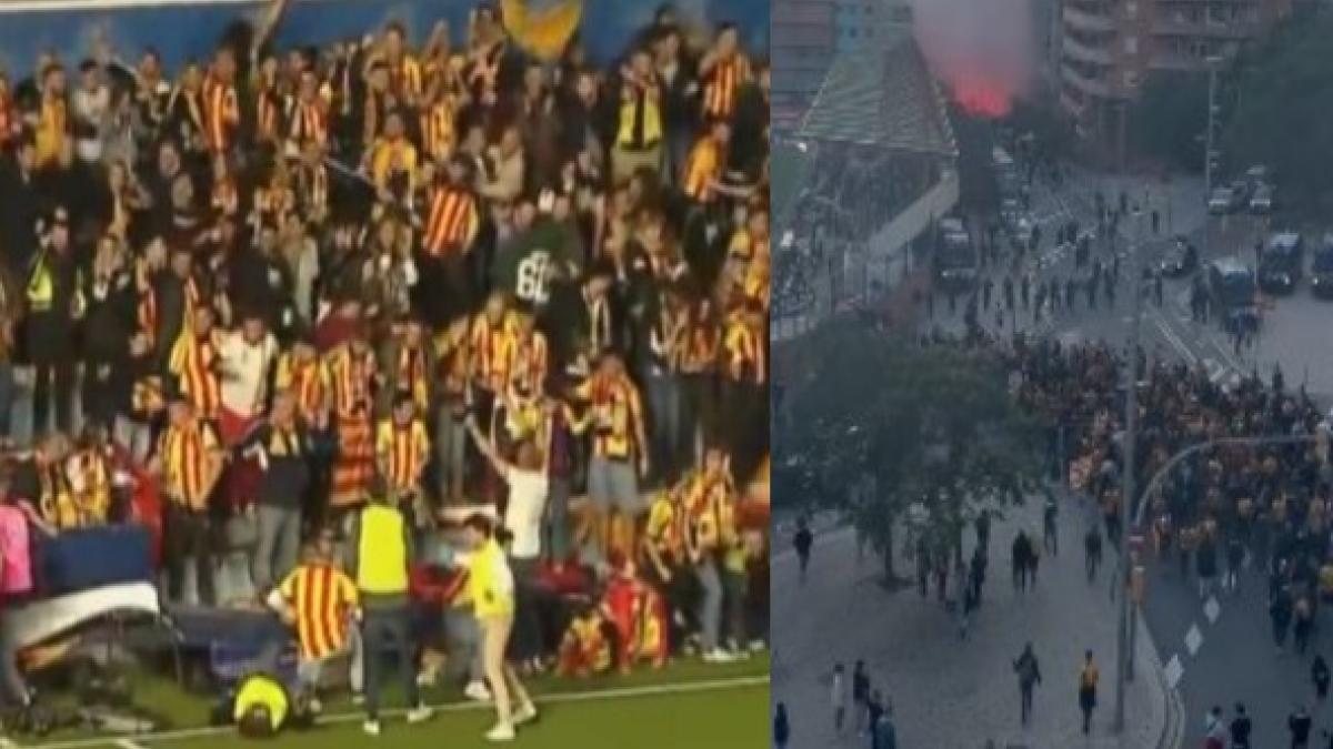 Video | Impresionantes imágenes: se derrumba la tribuna, suspenden el juego y los hinchas protagonizan brutal batalla campal