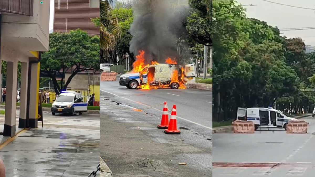 Encapuchados robaron e incendiaron un carro del tránsito de Medellín: hay manifestaciones en El Poblado 