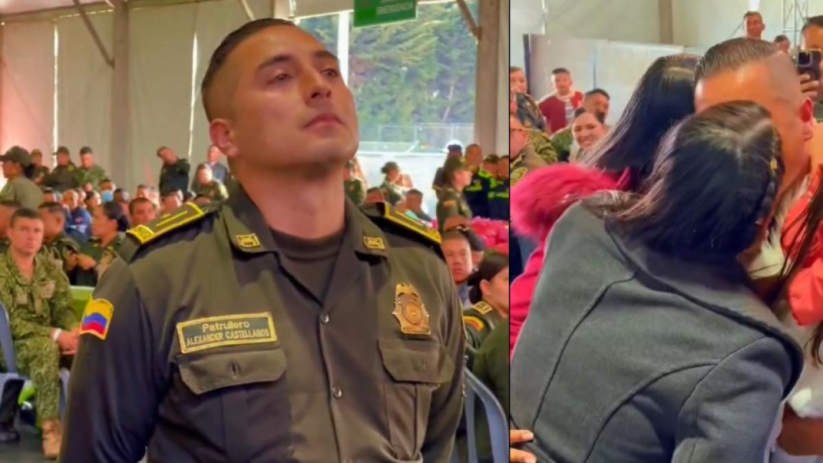 En medio de lágrimas, policía es sorprendido por su familia, la que pensaba que estaba muy lejos en Navidad