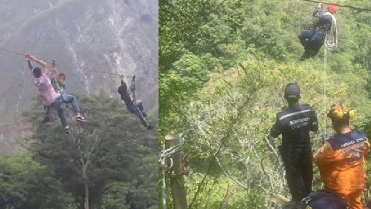 La peligrosa tarabita que usan habitantes en Santander para atravesar el rio Chicamocha: puente se cayó hace mucho