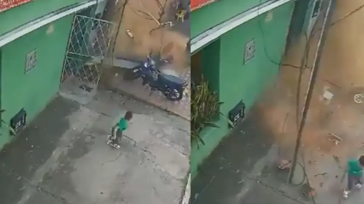 El momento exacto cuando un niño de cuatro años se salvó por segundos de ser aplastado por un muro en Bucaramanga