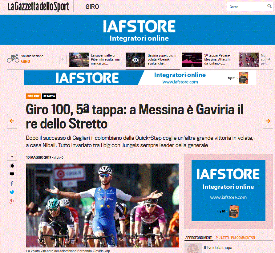 Así ve ‘La Gazzetta dello Sport’ el triunfo de Fernando Gaviria.