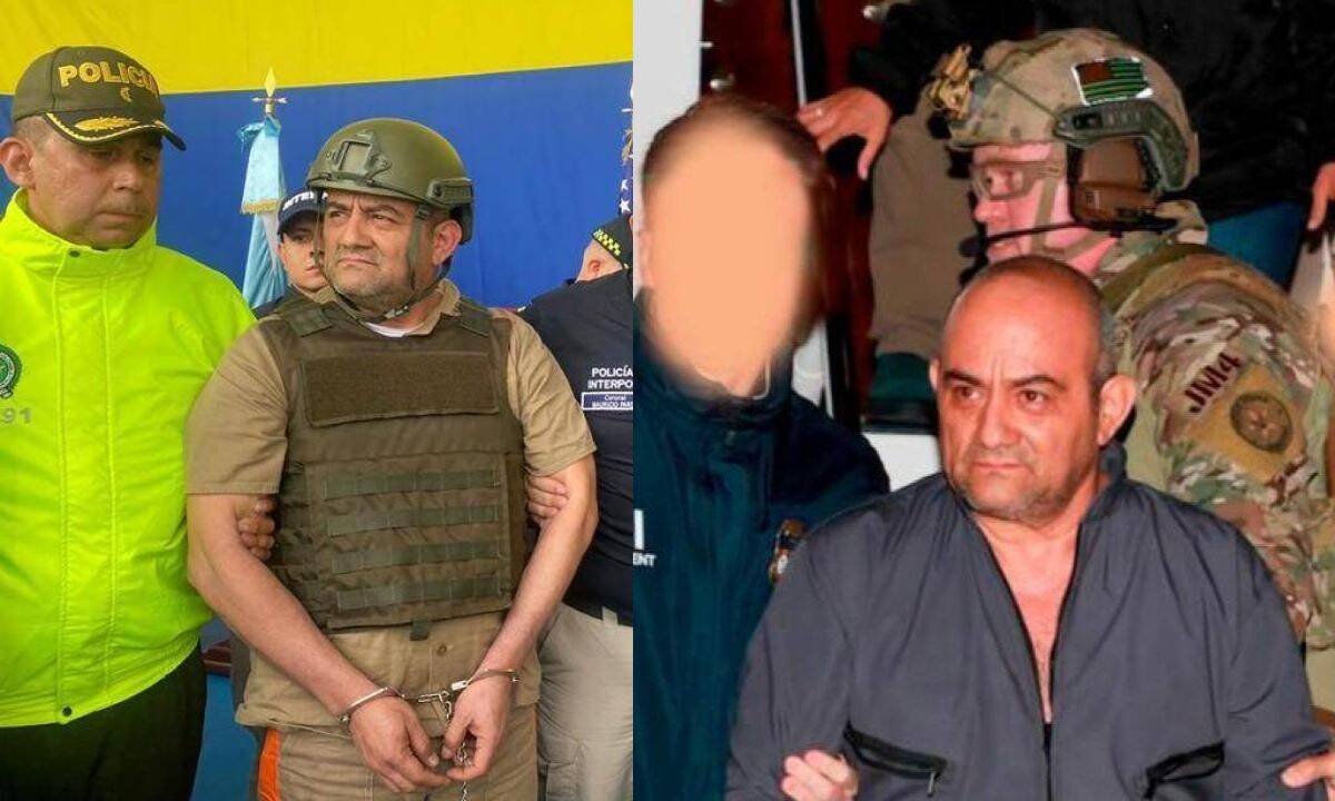 Alias Otoniel al momento de ser extraditado en Colombia, en 2022 (izq.) y a su llegada a Estados Unidos.