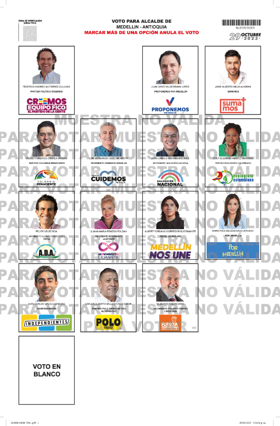 Elecciones 2023 los tarjetones para alcaldía de Medellín y gobernación