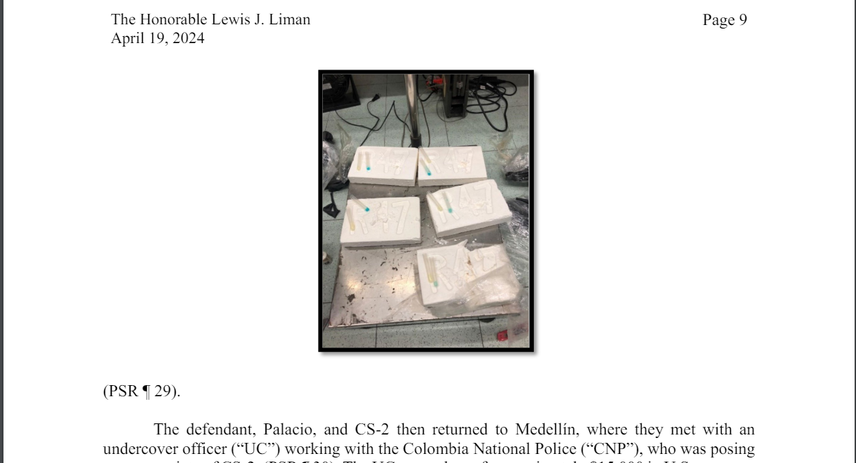En el memorándum de sentencia de la Fiscalía norteamericana se incluye una foto de la muestra de 5 kilos de cocaína que Álvaro Córdoba ayudó a conseguir.
